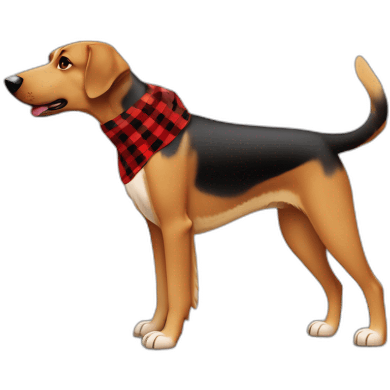 adult 75% Coonhound 25% German Shepherd mix dog with visible tail wearing small pointed red buffalo plaid bandana full body walking left quickly emoji