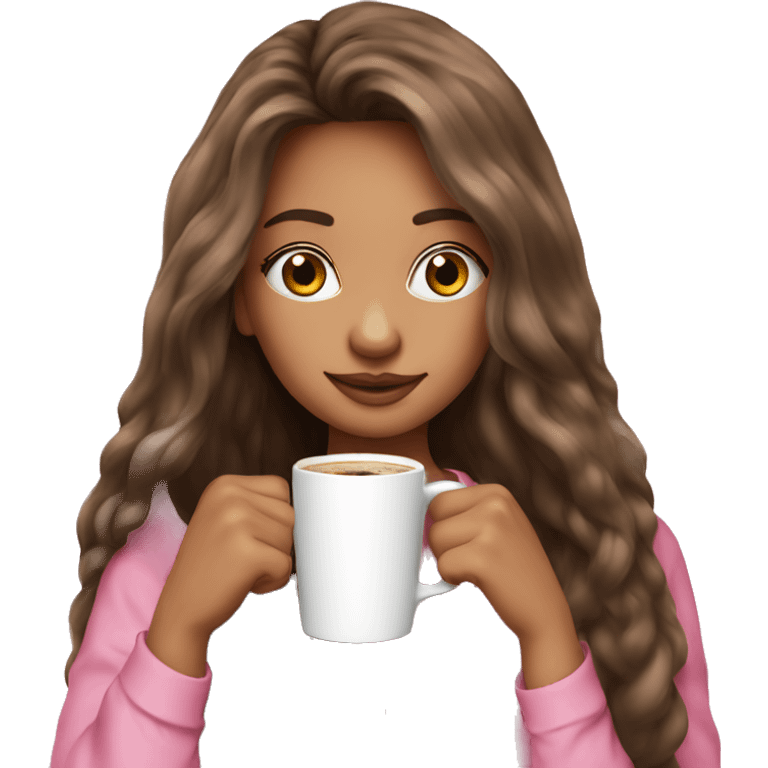 Very long hair pretty girl sipping coffee pink shirt emoji