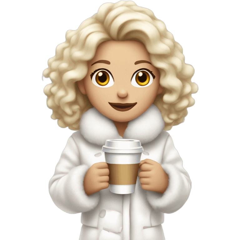 blonde girl wearing white fluffy jacket and a coffee to go in hand all dress white and a white bow on hair emoji