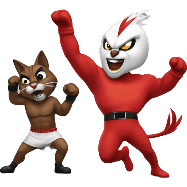 Cartoon Cardinal winning a fight with cartoon wildcat emoji