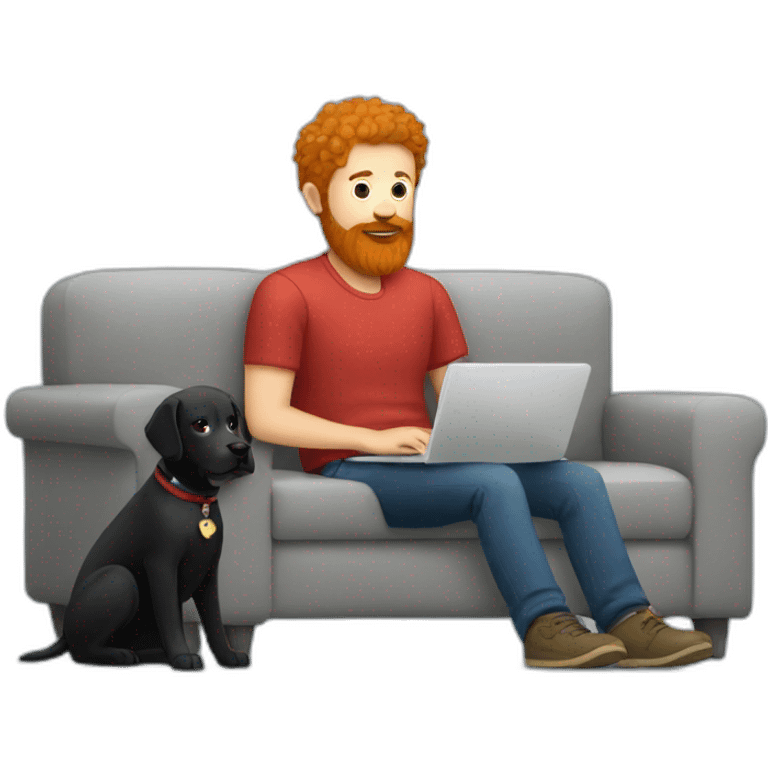 a man with a red beard sits working on a laptop on the sofa with a black Labrador emoji