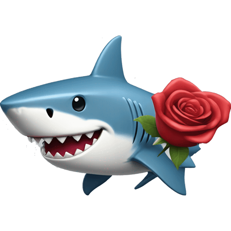 A shark with a big smile holding a rose and a big heart shaped box of chocolates emoji