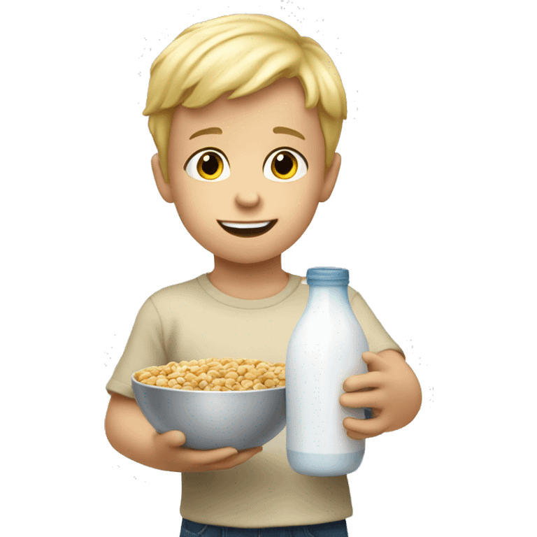 Little blonde boy holding a bowl of milk with cereal emoji