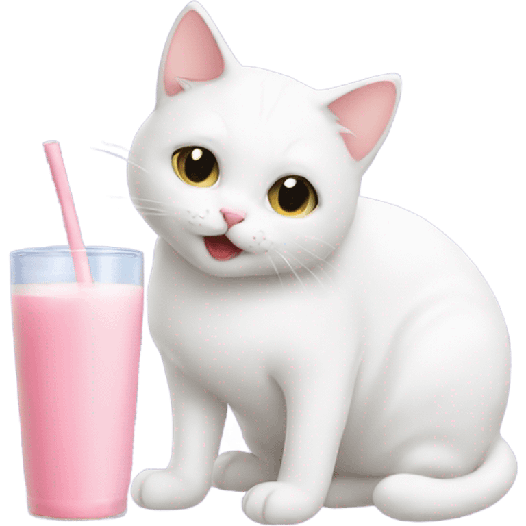 white cat drinking strawberry milk emoji