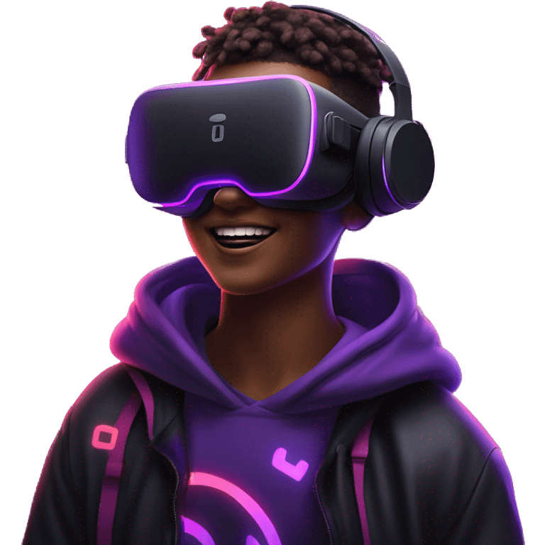 Happy student wearing a black hoodie with "OMG" letters on it and VR headset oculus quest 2 in a cyberpunk VR environment with violet neon lighting. emoji