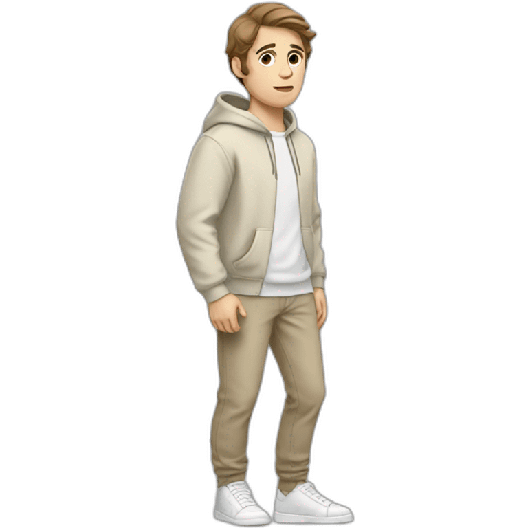 white guy in beige hoodie with brown hair and white shoes and a white gray pants emoji