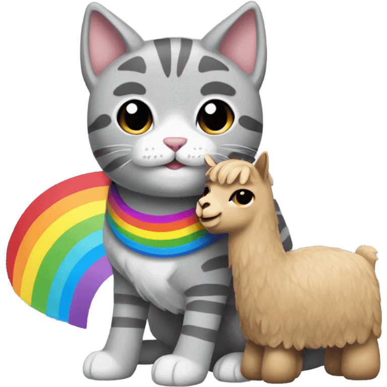 Grey tabby cat with rainbow lama toy emoji