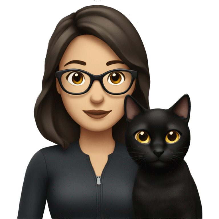 Brunette woman wearing glasses holding black cat emoji