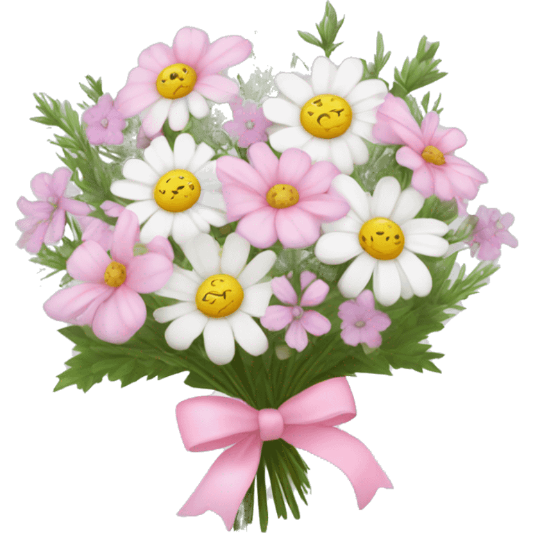 Bouquet of light pink and white different wildflowers tied with a pink bow  emoji