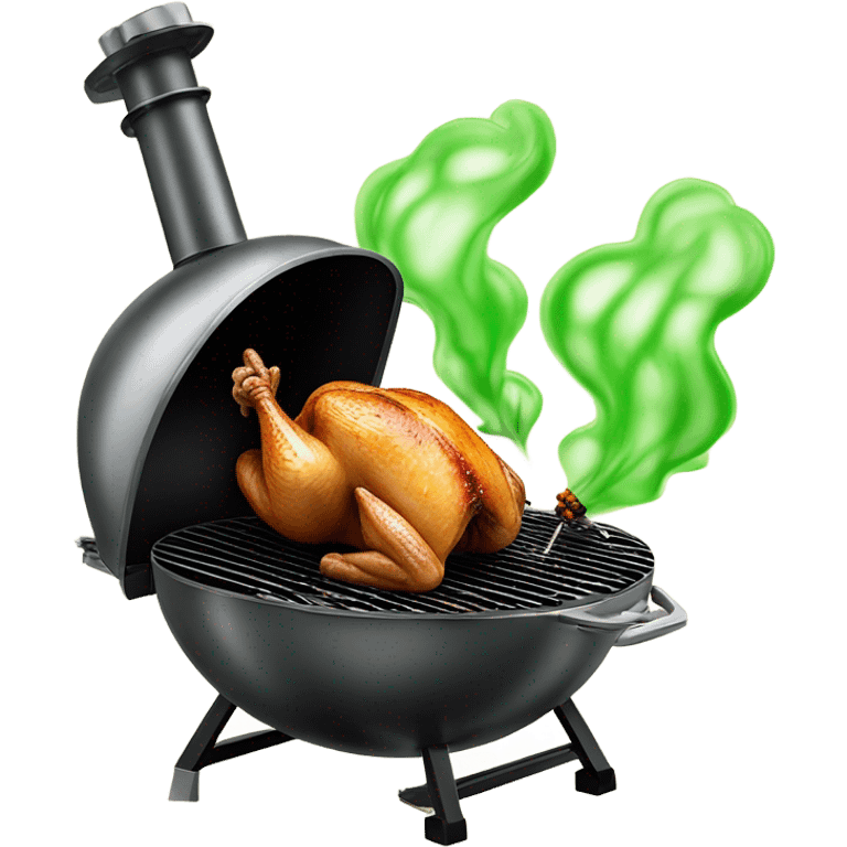 Rotisserie chicken smoking on a grill with green gas coming out of it emoji