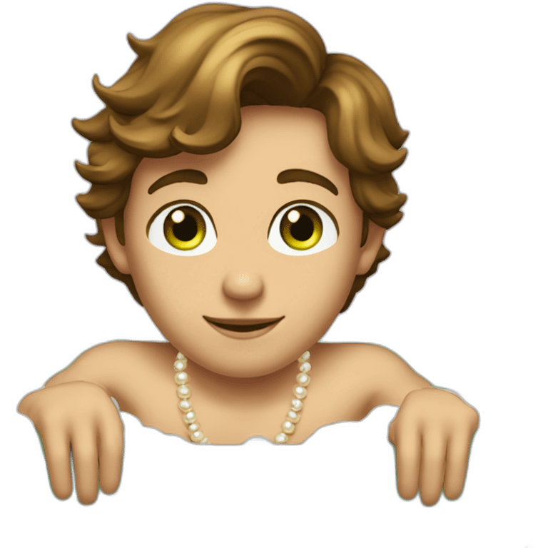 Posh-muscle-boy-brown-hair-green-eyes-pearl-necklace-in-golden-bathtub emoji