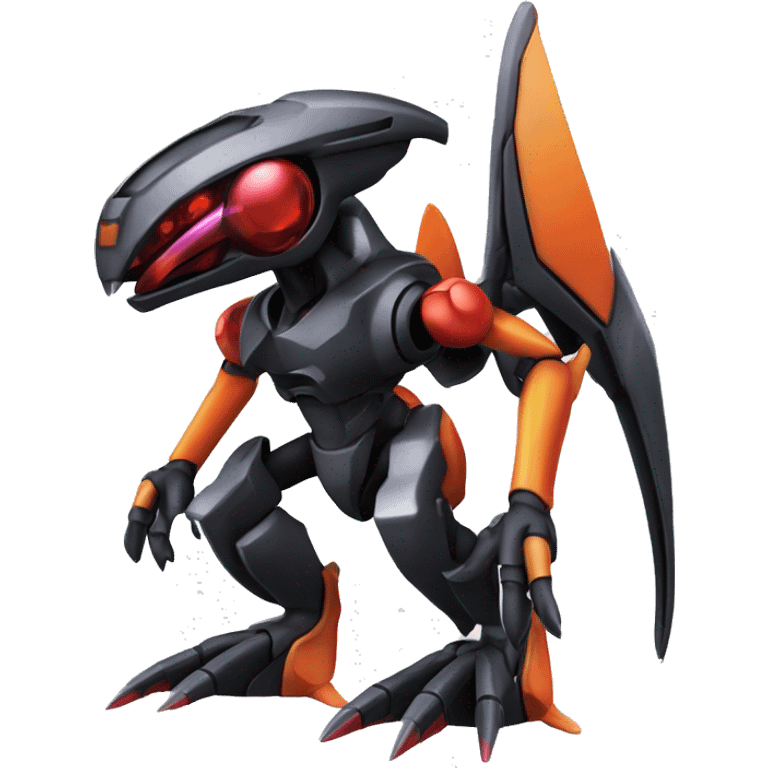 a shiny metallic black-red-orange Genesect-Flygon-Raptor-Fakémon-Medabot-hybrid with a futuristic visor-helmet full body emoji