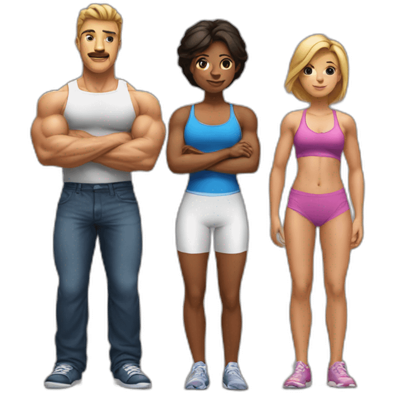 A short girl is sitting on a chair and two bodybuilders are standing behind her emoji