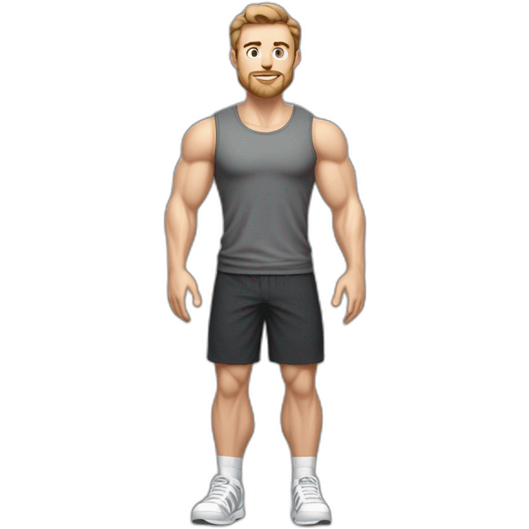 Full height Pale skinned muscular man With Realistic eyes and mouth, light brown hair and stubble In dark gray sleeveless mike, black oversize sports shorts, watch and white sneakers. emoji