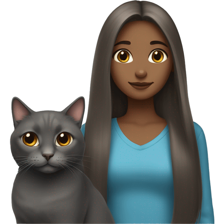 Brown long hair girl and russian blue cat together emoji