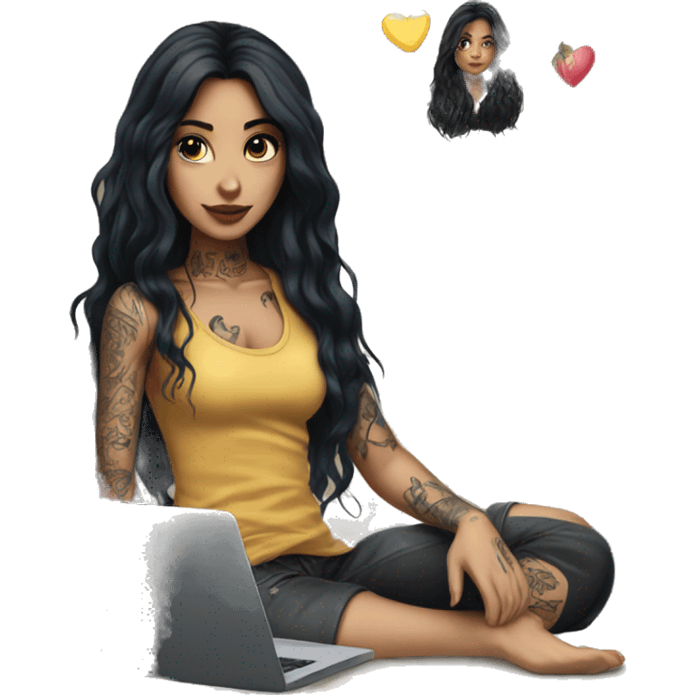 beautiful girl with long black hair, with laptop, with tattoos  emoji