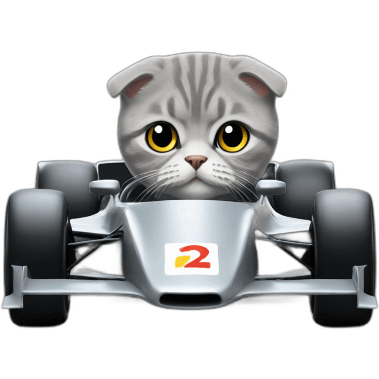 grey Scottish fold in a F1 car emoji