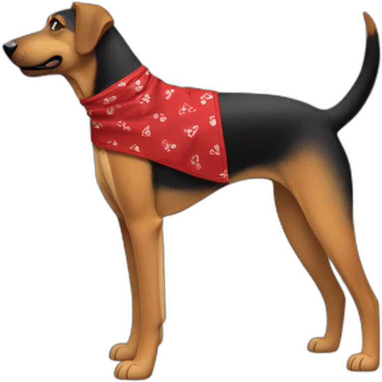 75% Coonhound 25% German Shepherd mix dog wearing small plain red bandana side view full body left facing emoji