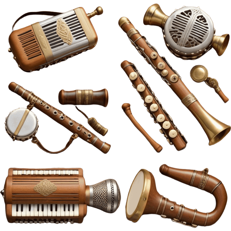 Create a colorful and cultural humanless emoji representing folk singing. The design should feature a collage of flowing design around a vintage microphone and traditional folk instruments, such as a wooden flute (dudka), a button accordion (harmon), a set of gusli, and a tambourine (buben), all arranged in a harmonious. The instruments should have earthy, natural tones like wood browns, brass accents, and vibrant colors reflecting their folk origins. Add subtle musical notes to tie the elements together, symbolizing the power of folk music. The background should be transparent. emoji