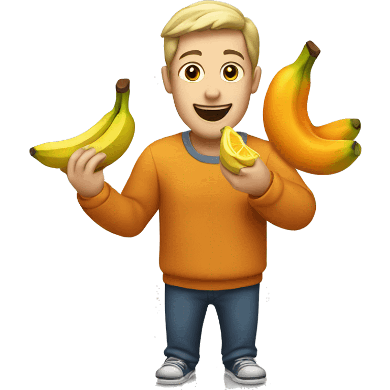 Man enjoying eating a banana with two oranges on it emoji