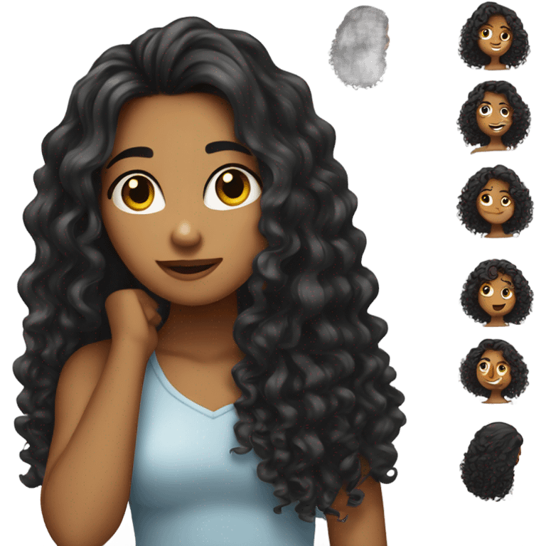 Tan girl with black long curly hair posing with hand in hair emoji