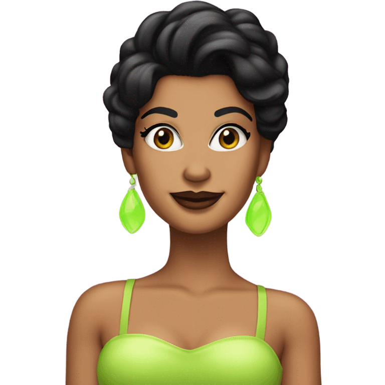 Tanned woman with black hair dressed in 1990s pop princess hair, makeup, and neon attire  emoji