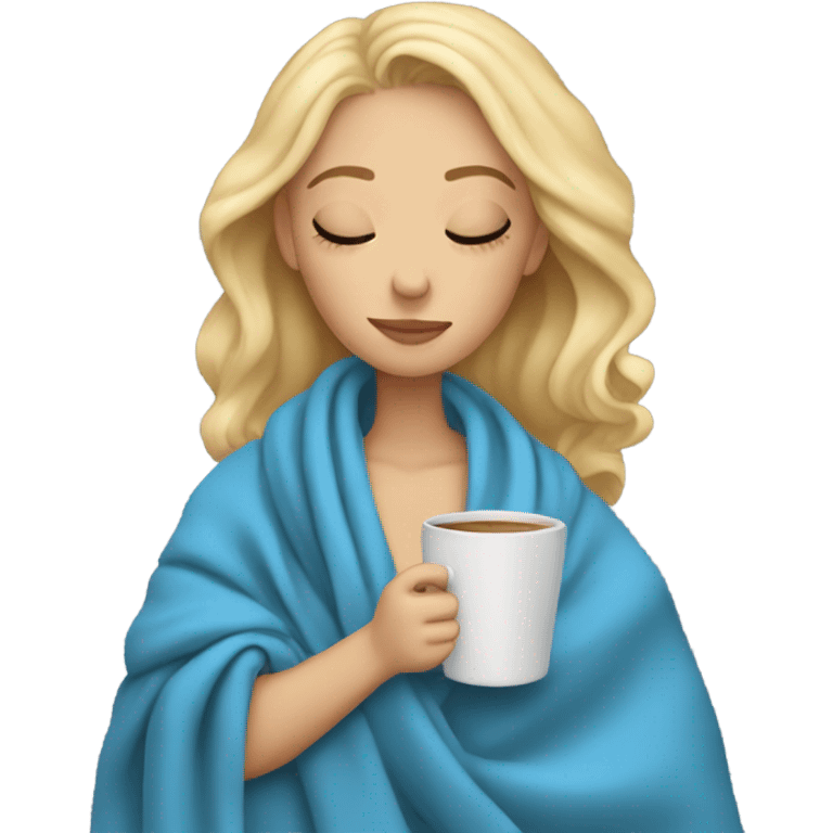 blonde girl inside a blue blanket sipping coffee eyes closed emoji