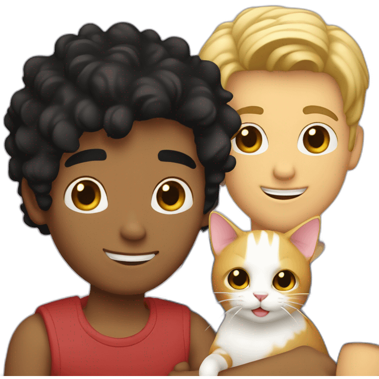 Gay couple, 1 guy Latino black straight black hair and 1 Australian white guy with blonde slightly curly hair holding a cat emoji