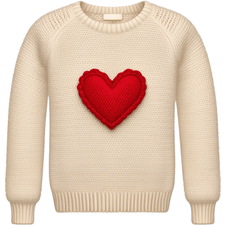 knit cream-colored sweater with red crochet heart on the lefthand sleeve emoji