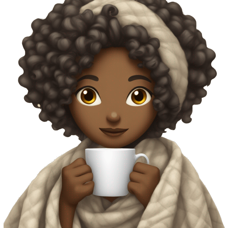 a lightskin black girl with curly hair wrapped in a blanket with a cup of tea emoji