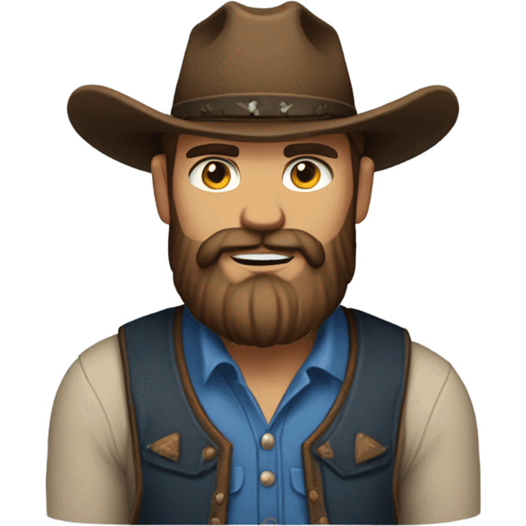 a rugged cowboy with a thick beard, wearing a blue vest over a classic western shirt. He should have a confident stance, showing full torso emoji