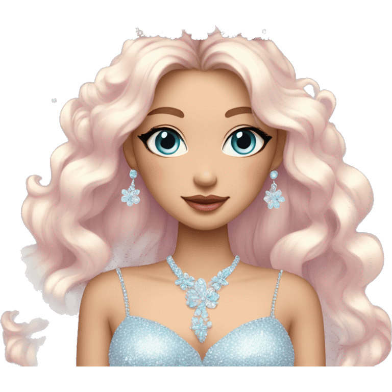 Gorgeous pastel Lady with blue eyes in a sparkly shiny dress with tiara and necklace and flowers aesthetical and trending  emoji