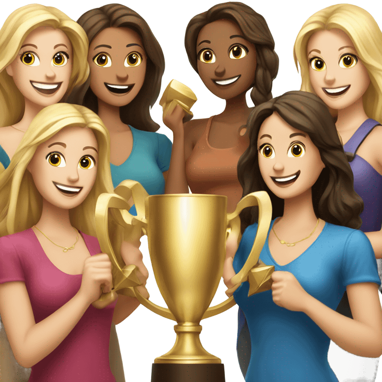 Eight beautiful blonde and brunette women celebrating with a huge gold trophy emoji