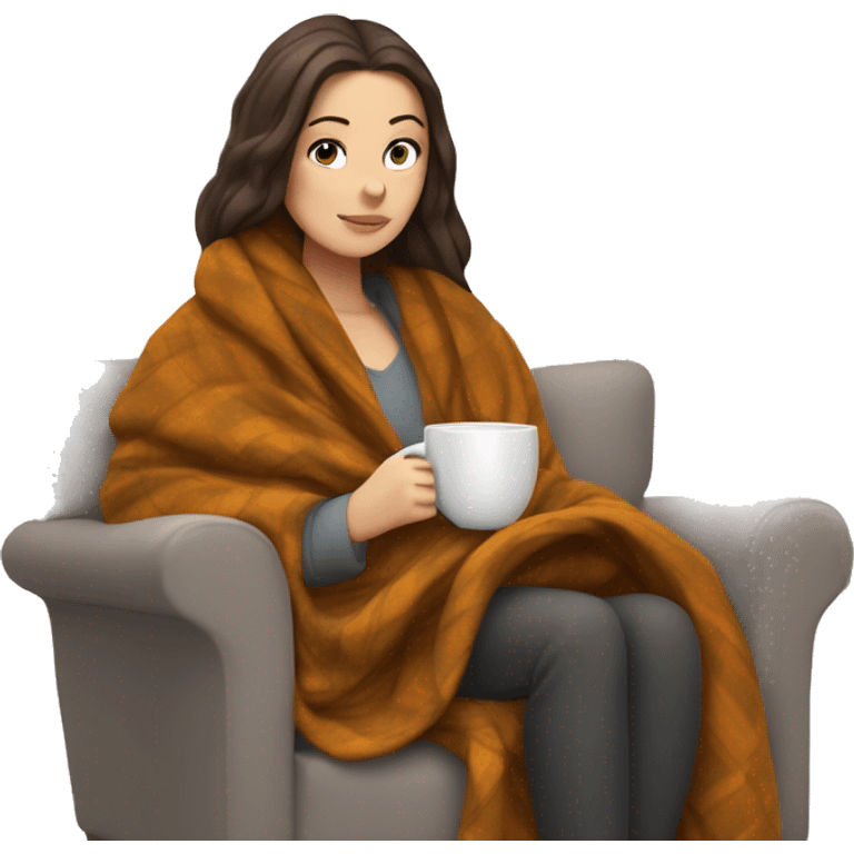 Brunette white girl covered in blanket autumn vibe sitting on a cozy chair holding coffee, window on the background emoji