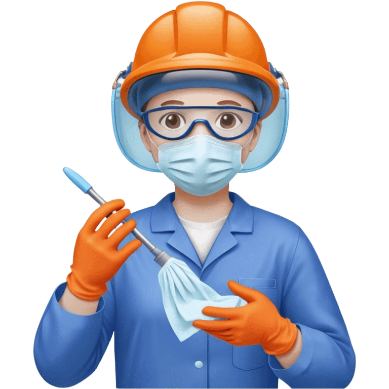 A meticulous cleanroom worker dressed in full protective gear, including a blue sterile suit, a face mask,  and orange gloves.  cleaning glasses with a wipe emoji