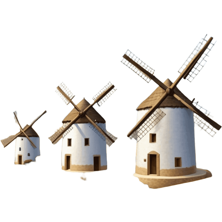 ​Cinematic Realistic Spanish Windmills (Mota del Cuervo), depicted as a cluster of gracefully aged windmills with weathered whitewashed facades and rustic wooden sails, standing proudly on a sunlit, rolling hillside of golden fields and olive groves, rendered with intricate textures and soft natural lighting that captures the timeless rural charm and historical significance of the Spanish landscape, emoji