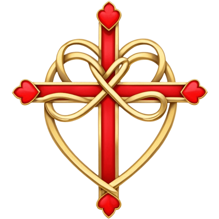 Two red  heart outlines  entwined with a simple gold cross  emoji