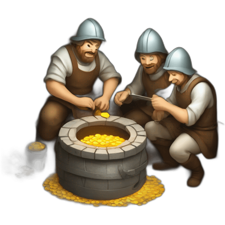 inside of a medieval mint showing different people working creating coins with a furnace emoji