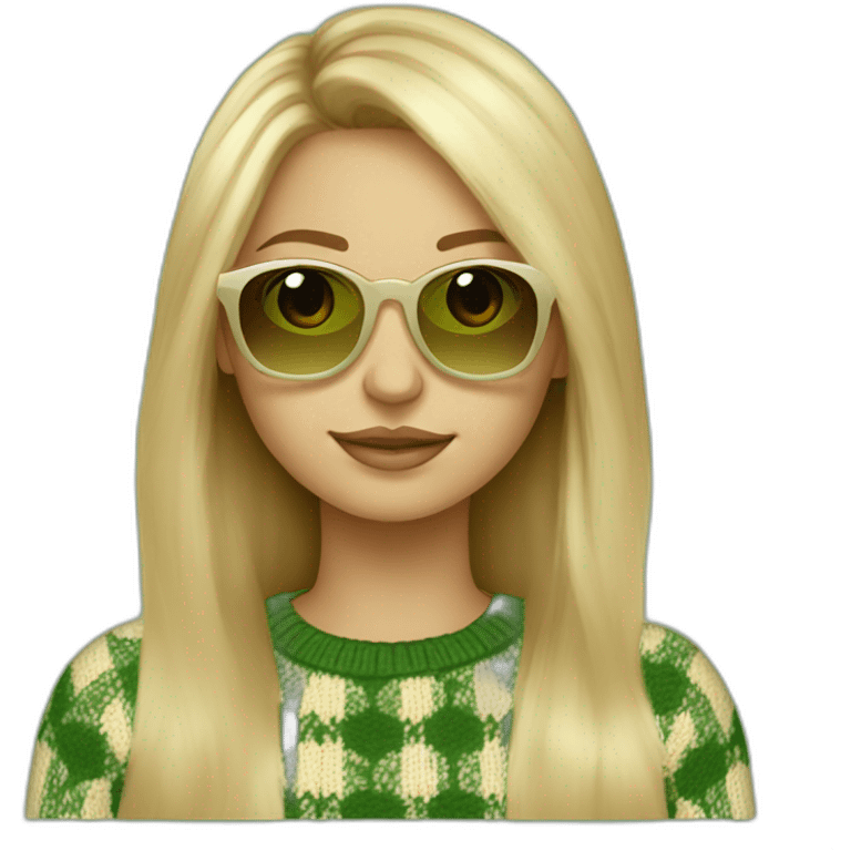 a blonde girl with highlights, long hair, middle part and a square head shape wearing yellow brownish sunglasses and a knitted checkered green an beige jumper emoji