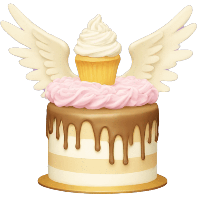 a cream cake flying with angel wings emoji