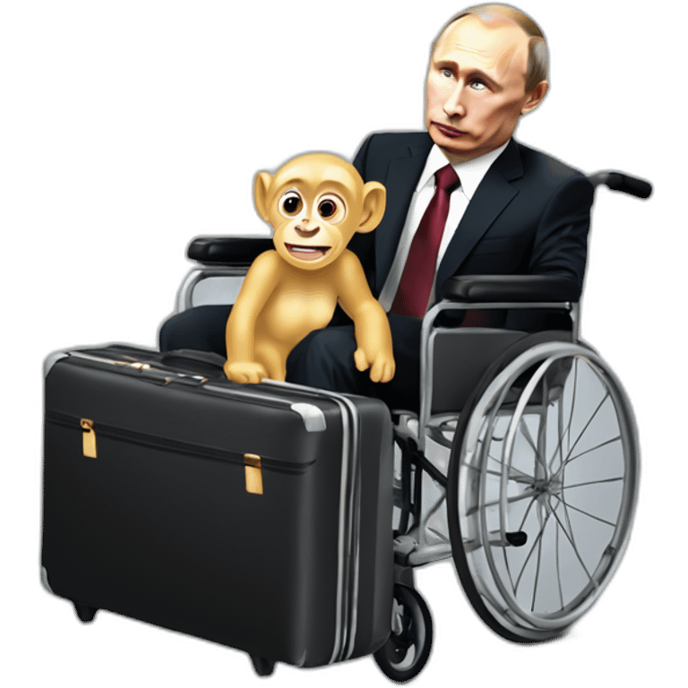 Depressed vladimir putin monke golden small wheelchair jumps out of suitcase emoji