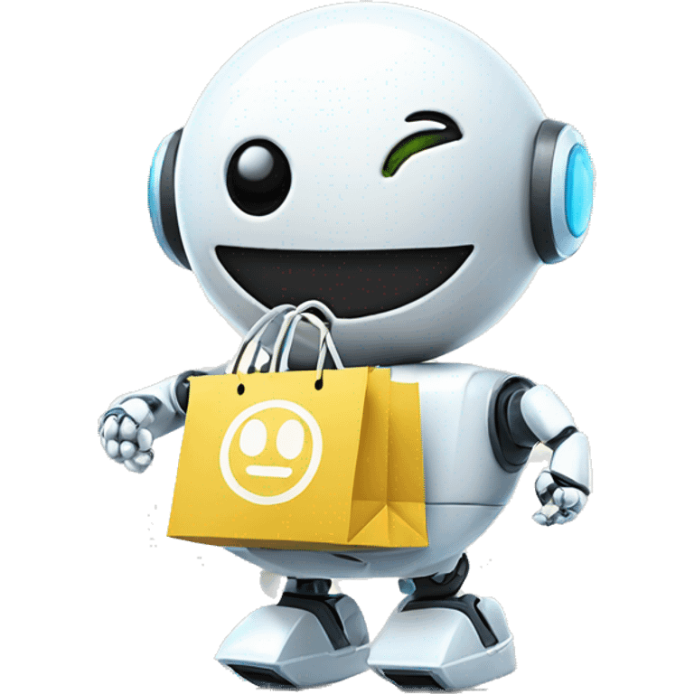 cute white floating spherical happy robot with floating shopping bags cool emoji