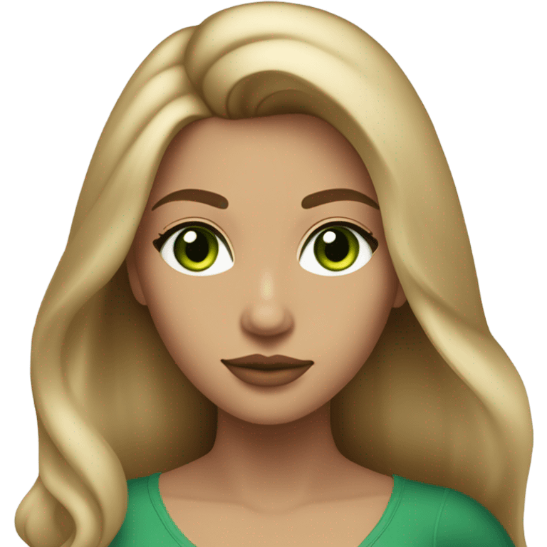 light tan skin, high cheekbone, solo dark blonde girl with green eyes, medium bust, long blow out hair, baddie, middle part, sultry emoji