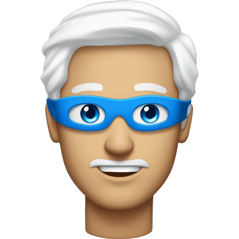 tall and lean man in his late twenties with a head full of white hair and vivid blue eyes which are covered by a blindfold emoji