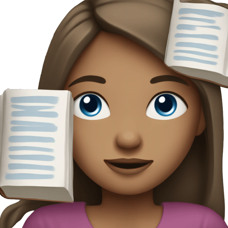 girl with long brown hair, blue eyes and book or laptop emoji