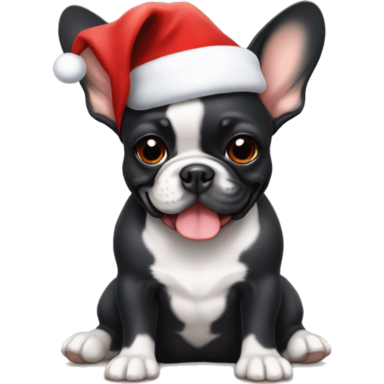 A small, black-and-tan French bulldog with a mostly black face and tan paws, wearing a classic red and white Santa hat, sitting happily with its tongue slightly out. emoji