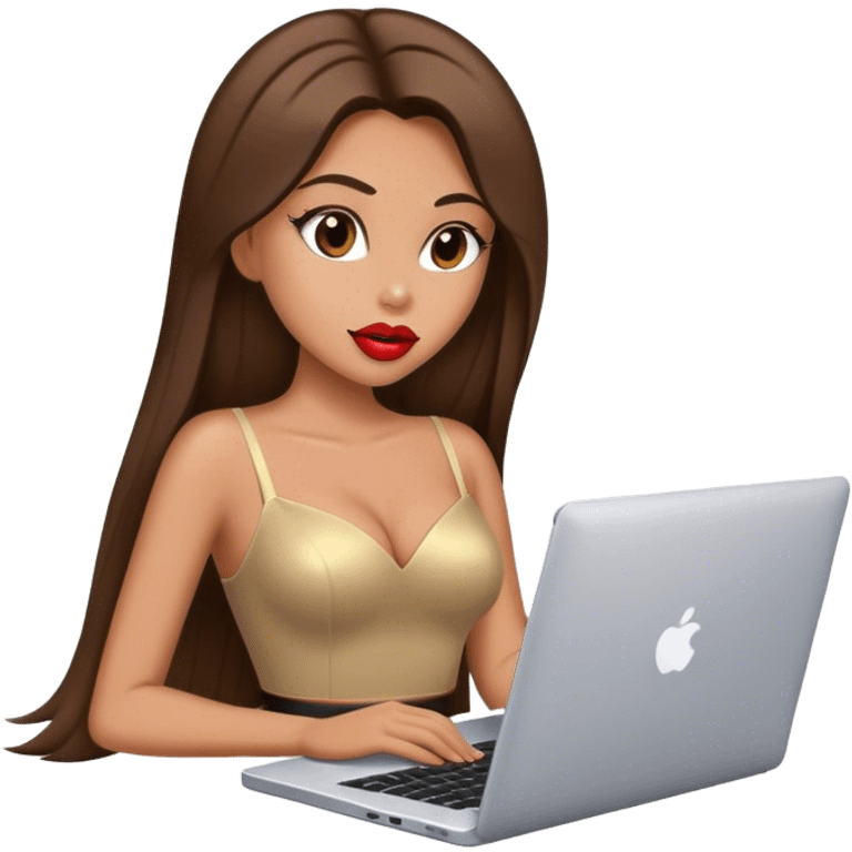 Glamour, with big lips, beautiful sexy girl, with long straight brunette hair, with laptop emoji