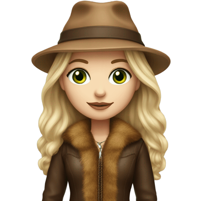 Realistic White girl with Long straight blonde hair, green eyes, tattoos, full body wearing Brown fur coat and fur hat and Brown leather boots emoji