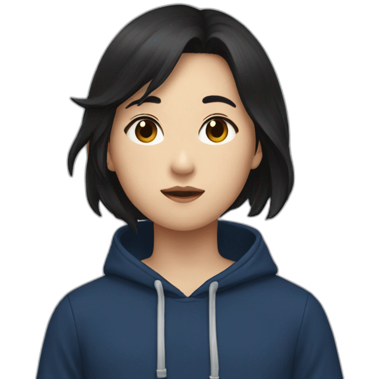 Asian boy with black hair and dark blue hoodie kissing girl with brown hair and black blouse emoji