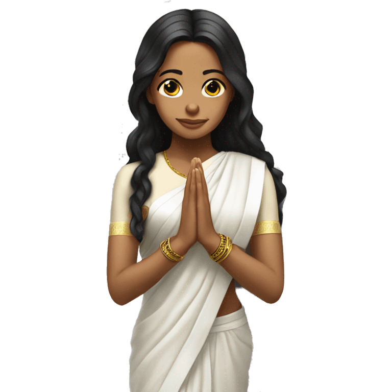 Light skin ;Black long hair wearing white saree praying infront a white temple emoji